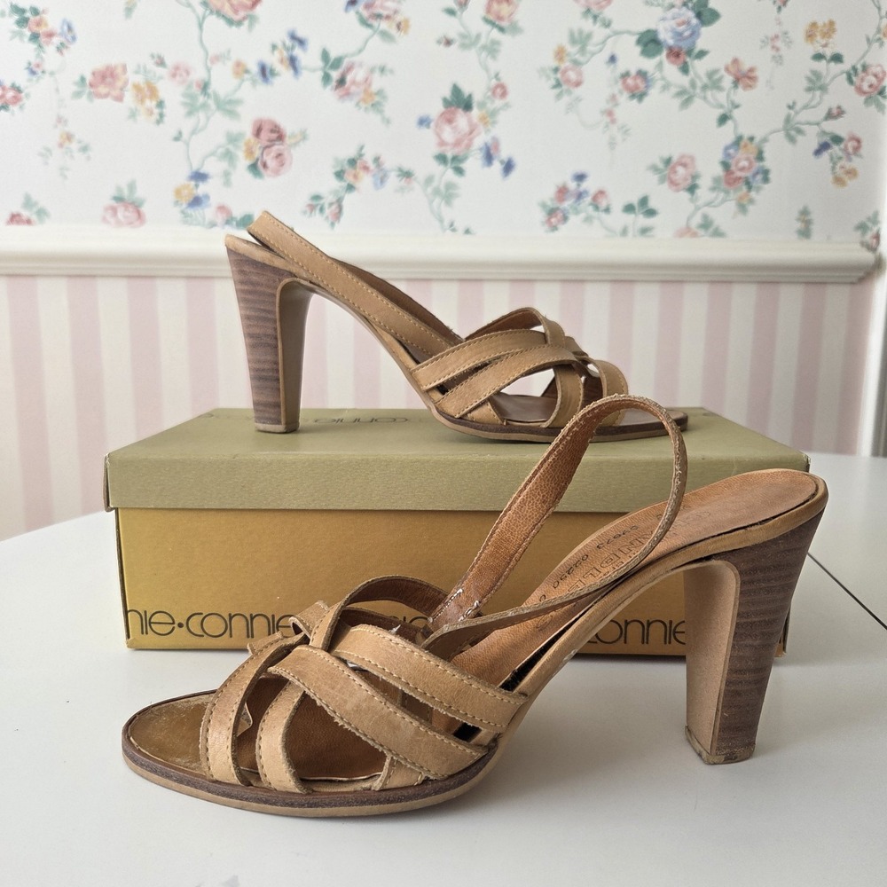Vtg‎ 70s Chandlers Wooden Heels 9.5B Strappy Leather Tan Slingback Shoes Retro